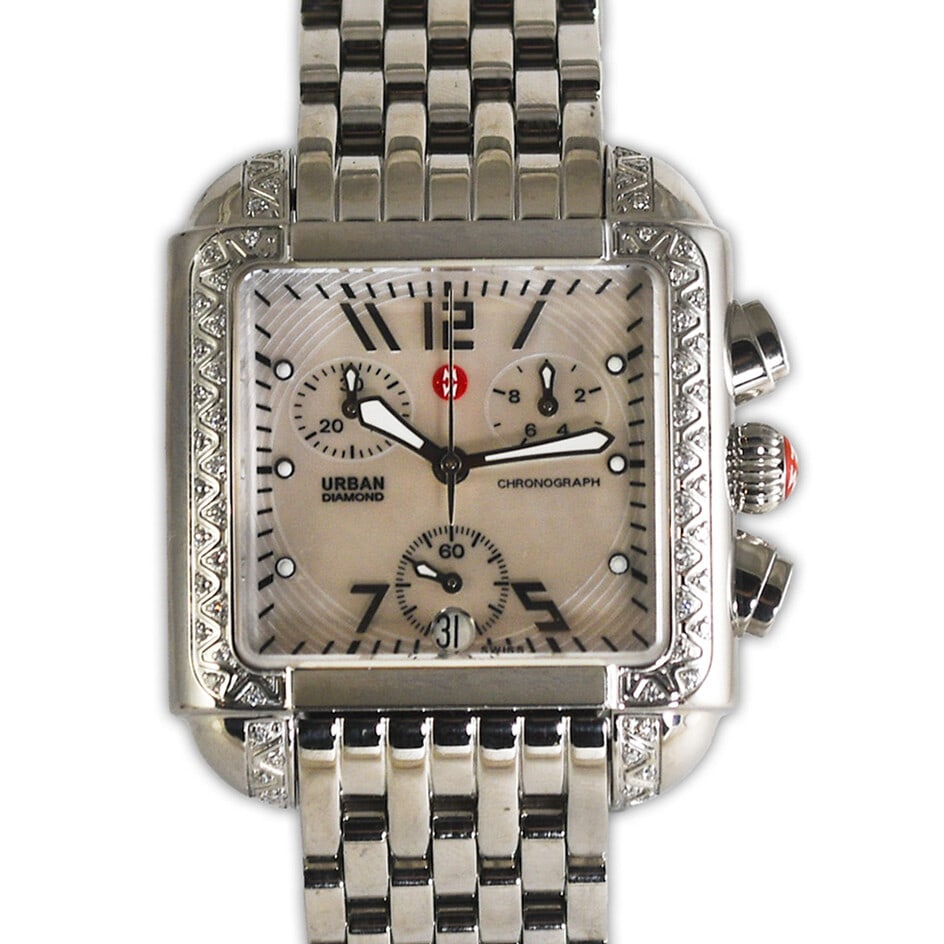 Michele Urban Diamond Luxury Watch Stainless Steel 35mm x 28mm: Michele Urban Diamond Luxury Watch Stainless Steel 35mm x 28mm Discover the elegance of the Michele Urban Diamond & Stainless Steel Watch, a luxurious timepiece featuring a stunning mother of pearl di