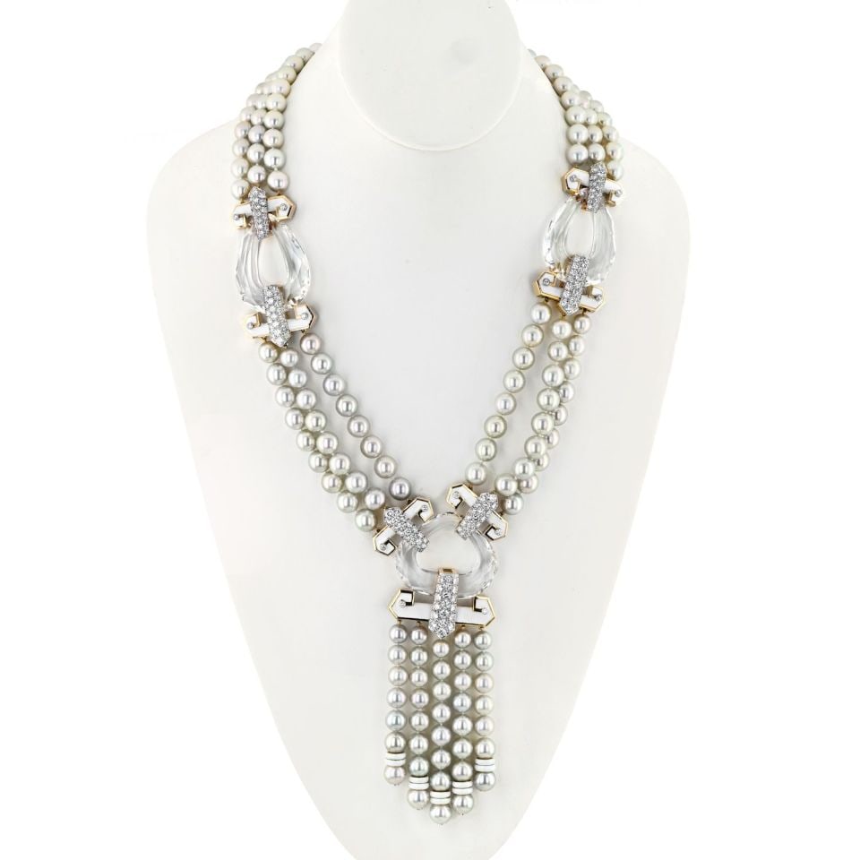 David Webb Platinum 18K Gold Dusk Pearl Rock Crystal Necklace: David Webb Platinum 18K Gold Dusk Pearl Rock Crystal Necklace Discover the stunning David Webb Platinum & 18K Yellow Gold Dusk Pearl Rock Crystal Diamond White Enamel Necklace, a true masterpiece of l