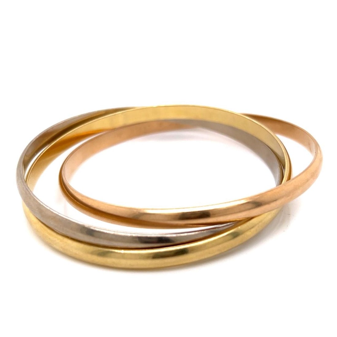 CARTIER 18K Trigold Trinity Classic Bangles 59.1g: CARTIER 18K Trigold Trinity Classic Bangles 59.1g Introducing the exquisite Cartier 18K Trigold Trinity Classic Bangles, a timeless piece of jewelry that elegantly combines three colors of gold. Weigh