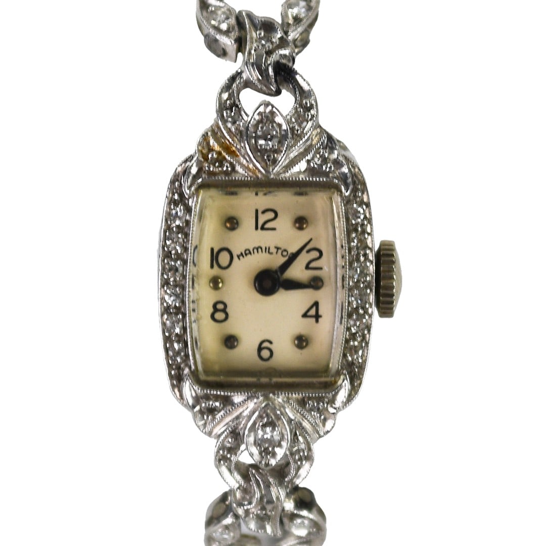 Vintage Hamilton Platinum Palladium Diamond Bracelet Watch 1.00ct: Vintage Hamilton Platinum Palladium Diamond Bracelet Watch 1.00ct This vintage Hamilton wristwatch combines elegance with timeless craftsmanship. Made of platinum and palladium, the watch features a c