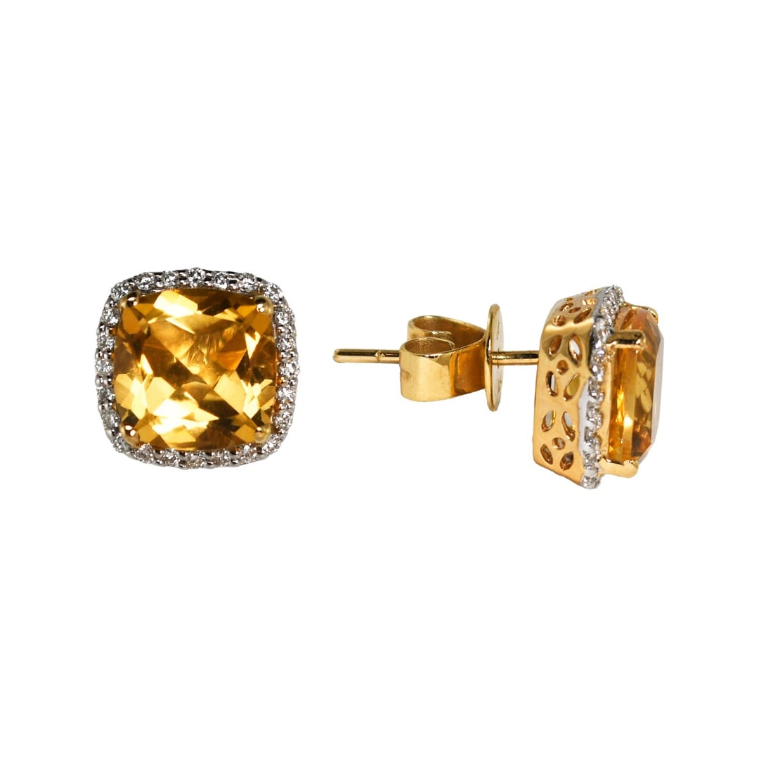 14K Yellow Gold Cushion Citrine Quartz Diamond Stud Earrings: 14K Yellow Gold Cushion Citrine Quartz Diamond Stud Earrings Elevate your style with these exquisite 14K Yellow Gold Citrine Quartz and Diamond Earrings. Featuring a stunning cushion-shaped citrine qu