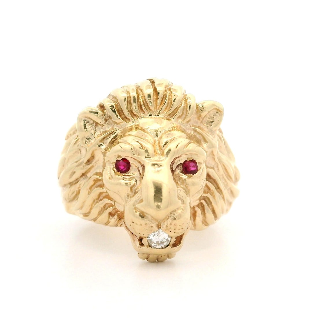 Custom Vintage Men's 14K Yellow Gold Ruby Diamond Lion Head Ring: Custom Vintage Men's 14K Yellow Gold Ruby Diamond Lion Head Ring Make a bold statement with this Vintage Custom Men's Solid Yellow Gold Ruby Diamond Detailed Lion Head Ring, a unique cocktail style pi
