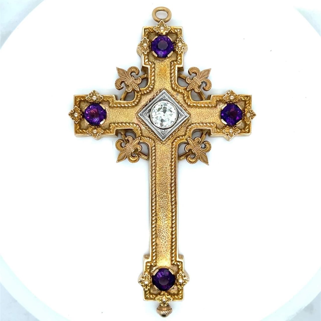 1950's 14K Yellow Gold GIA Certified Diamond Amethyst Cross Pendant: 1950's 14K Yellow Gold GIA Certified Diamond Amethyst Cross Pendant This stunning 1950's cross pendant is crafted from 14K yellow gold and features a GIA certified round diamond at its center, weighin