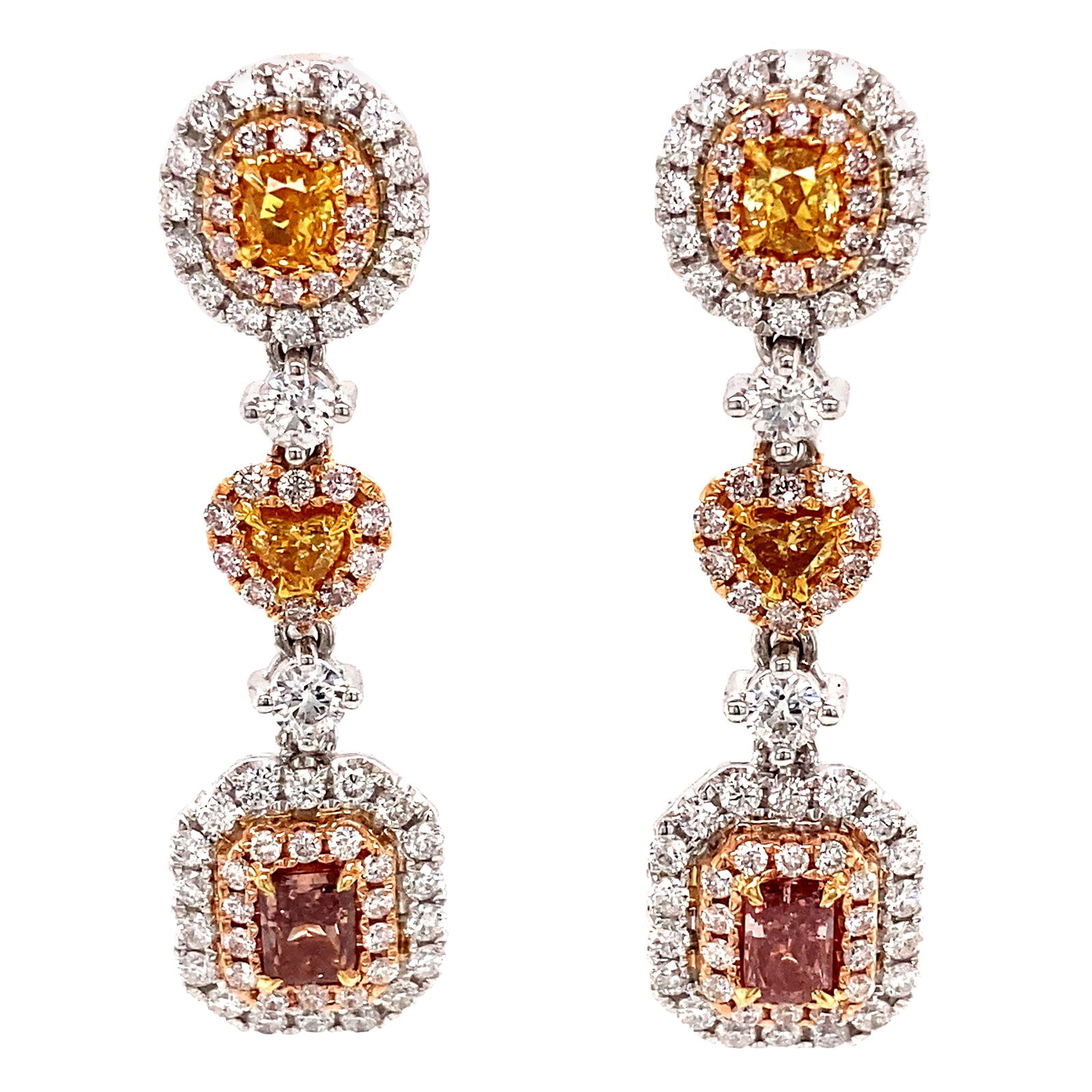 GIA Certified 2.82ct Fancy Intense Pink Yellow Diamond Earrings 18k Gold: GIA Certified 2.82ct Fancy Intense Pink Yellow Diamond Earrings 18k Gold These stunning earrings feature an exquisite combination of fancy intense pink and yellow diamonds, meticulously crafted in 18k