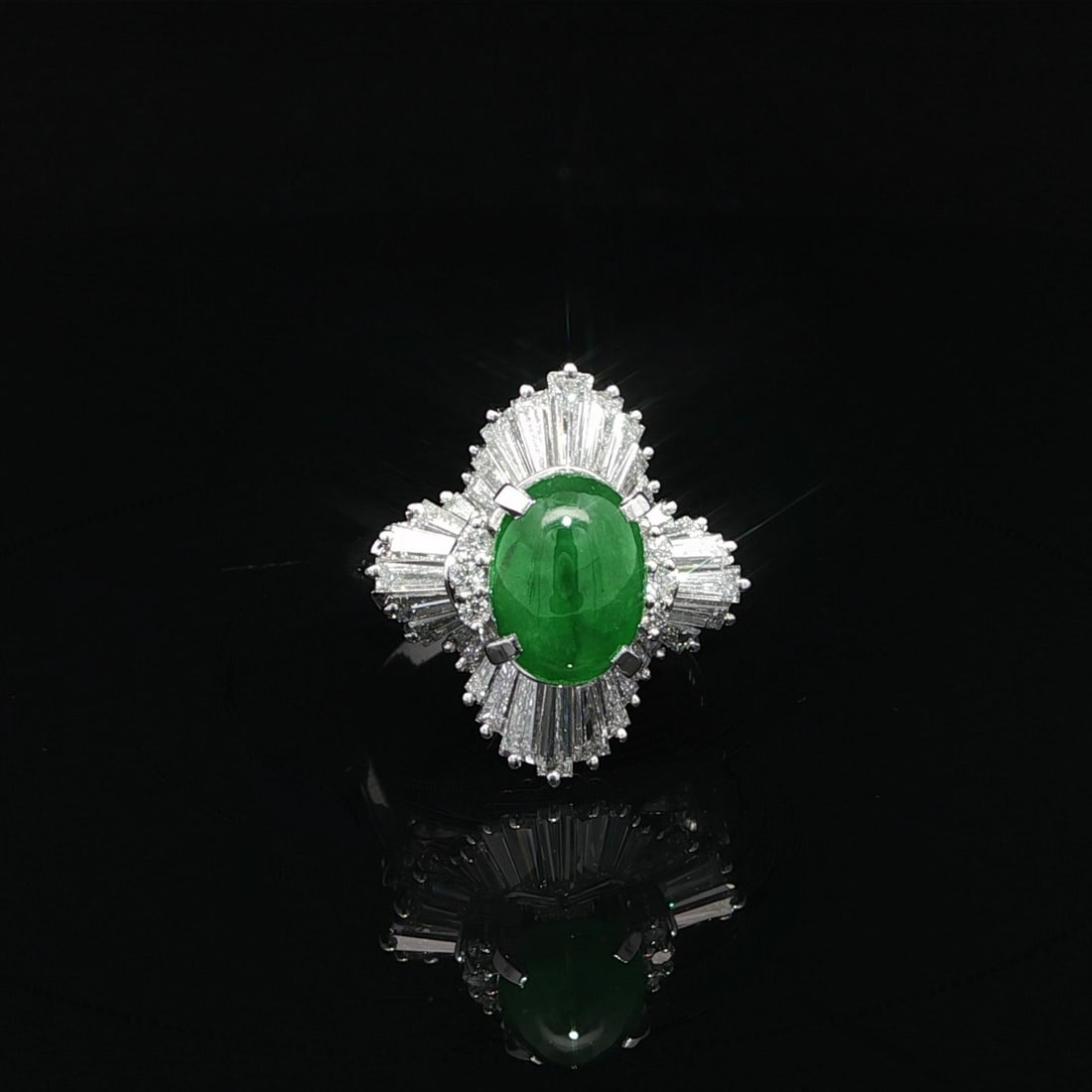 Platinum GIA Certified 3.35ctw Apple Green Jade Diamond Ballerina Ring: Platinum GIA Certified 3.35ctw Apple Green Jade Diamond Ballerina Ring This stunning cocktail ring features a magnificent natural jade centerpiece, certified by GIA, with a total carat weight of 3.35c