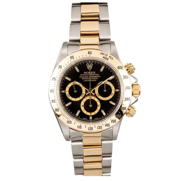 Rolex Daytona 16523 Black Dial 18k YG-SS Oyster Bracelet: Rolex Daytona 16523 Black Dial 18k YG-SS Oyster Bracelet This Rolex Daytona features a striking black dial and is crafted from a combination of 18k yellow gold and stainless steel, making it a luxurio
