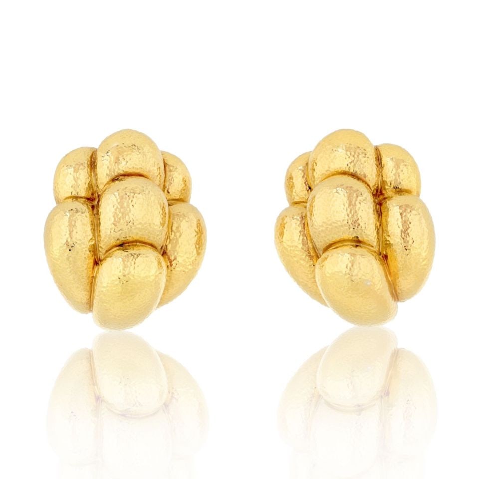 David Webb Platinum 18K Yellow Gold Hammered Clip Earrings: David Webb Platinum 18K Yellow Gold Hammered Clip Earrings Discover the exquisite craftsmanship of these David Webb clip earrings, expertly designed in a stunning combination of platinum and 18K yello