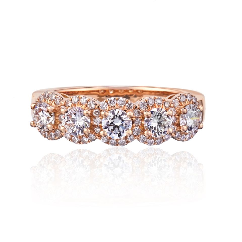 5 Stone Eternity Band in 18K Rose Gold 0.82ct Diamonds F-G VS: 5 Stone Eternity Band in 18K Rose Gold 0.82ct Diamonds F-G VS This stunning eternity band features five shimmering stones elegantly set in luxurious 18K rose gold. The ring showcases an approximate to