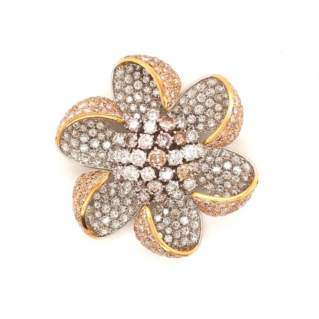 21.25 Ct Fancy Color Diamond Pin in 18K Yellow Gold: 21.25 Ct Fancy Color Diamond Pin in 18K Yellow Gold This exquisite fancy color pin features a stunning combination of 21.25 carats of mixed white, pink, and brown diamonds, elegantly set in luxurious