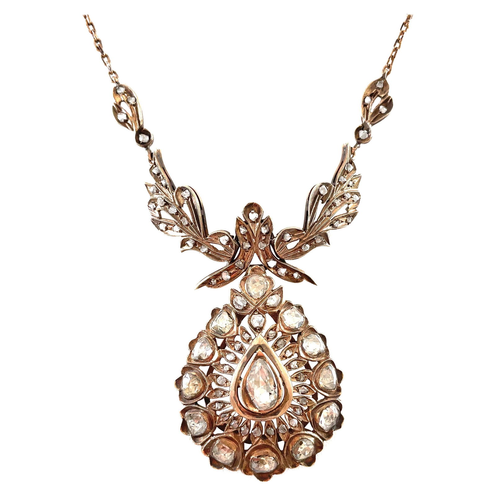 Vintage Victorian 4.85ct Rose Cut Diamond Drop Necklace: Vintage Victorian 4.85ct Rose Cut Diamond Drop Necklace This exquisite Vintage Victorian Style drop necklace features approximately 4.85 carats of stunning rose cut diamonds. Crafted from a blend of g