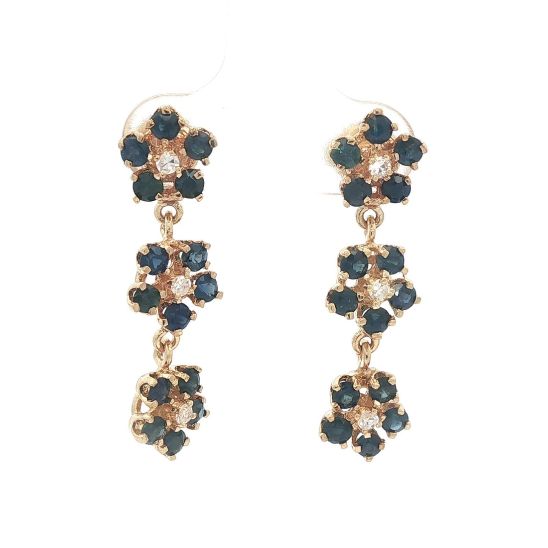 Vintage 2.25ctw Sapphire Diamond Cluster Dangle Earrings in Yellow Gold: Vintage 2.25ctw Sapphire Diamond Cluster Dangle Earrings in Yellow Gold Elevate your elegance with these Vintage Gold Dangle Earrings featuring a stunning flower cluster design. Adorned with 30 natura