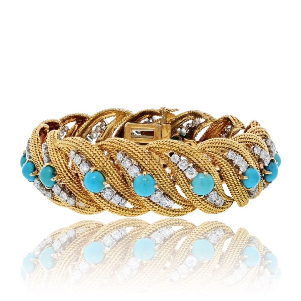 David Webb 1980s Platinum 18K Gold Turquoise Diamond Bracelet: David Webb 1980s Platinum 18K Gold Turquoise Diamond Bracelet Discover the exquisite David Webb Platinum & 18K Yellow Gold Turquoise and Diamond Bracelet, a stunning piece that embodies the brand's re