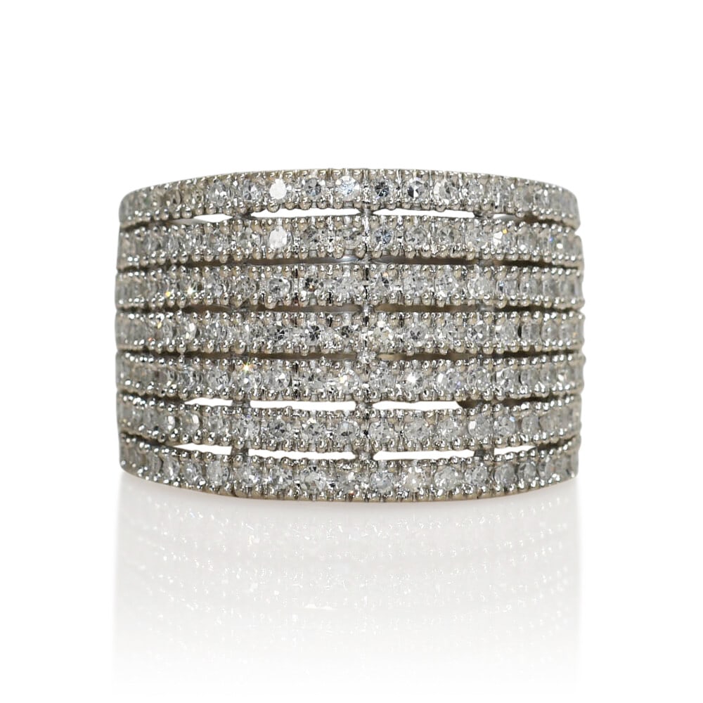 14K White Gold Band Ring with 1.00 Carat Diamonds: 14K White Gold Band Ring with 1.00 Carat Diamonds This stunning 14K white gold band ring features a total diamond weight of 1.00 carat, showcasing exquisite round single-cut diamonds with a G color gr