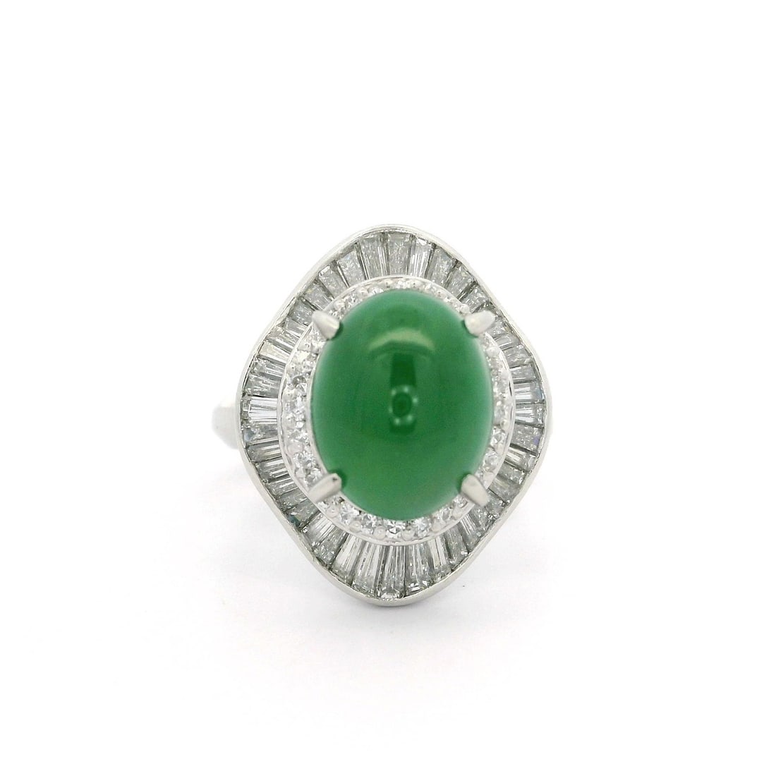 Vintage Platinum 6.39ctw Burma Jade Diamond Ballerina Ring GIA Certified: Vintage Platinum 6.39ctw Burma Jade Diamond Ballerina Ring GIA Certified This exquisite Vintage Platinum Ballerina Cocktail Ring features a stunning 6.39ctw of Omphacite Burma Jade and diamonds. The c