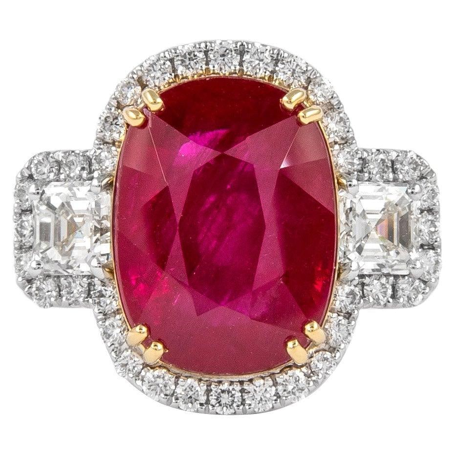 10.24ct Ruby Diamond Halo Ring 18k GIA Certified: 10.24ct Ruby Diamond Halo Ring 18k GIA Certified Experience the elegance of this GIA-certified three-stone halo ring featuring a stunning 10.24 carat oval ruby at its center, surrounded by two exquisi