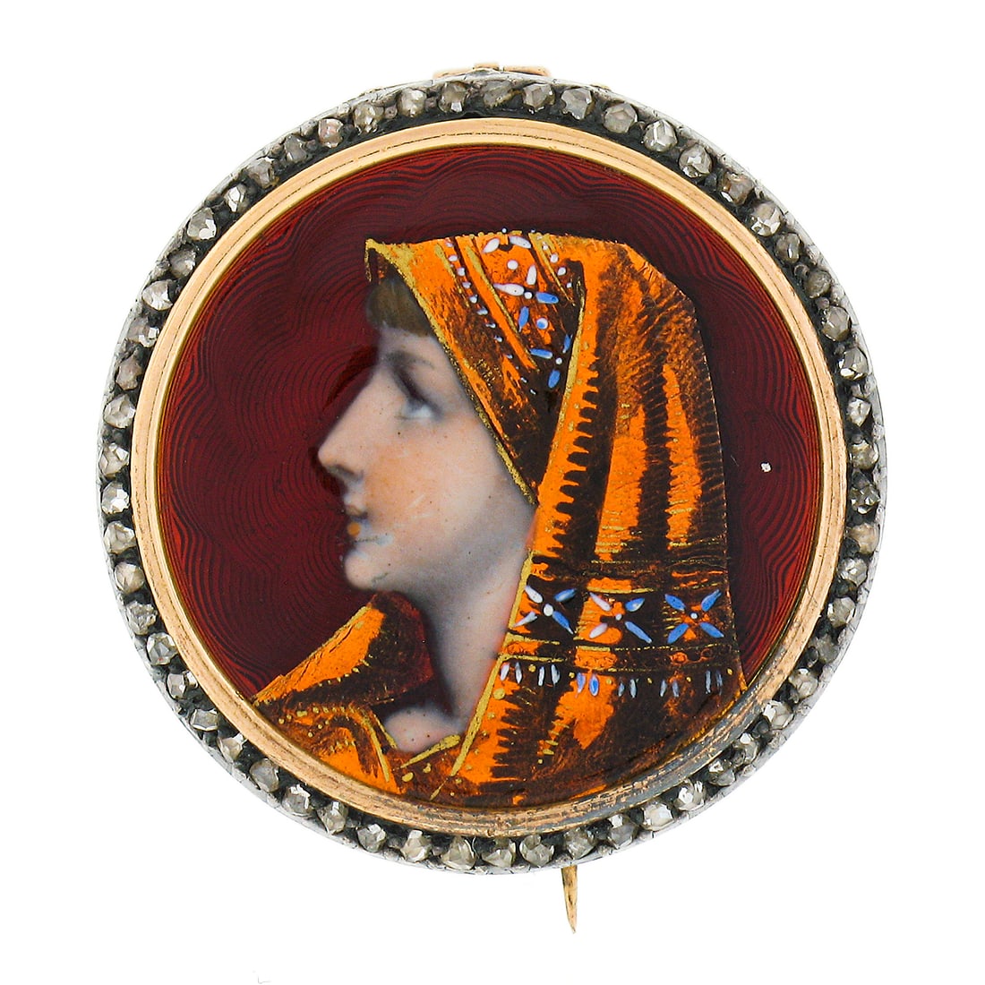 Victorian Antique 18k Gold Silver Enamel Portrait Diamond Brooch: Victorian Antique 18k Gold Silver Enamel Portrait Diamond Brooch This exquisite antique brooch is a stunning representation of Victorian craftsmanship, featuring a round shape and intricate details. C