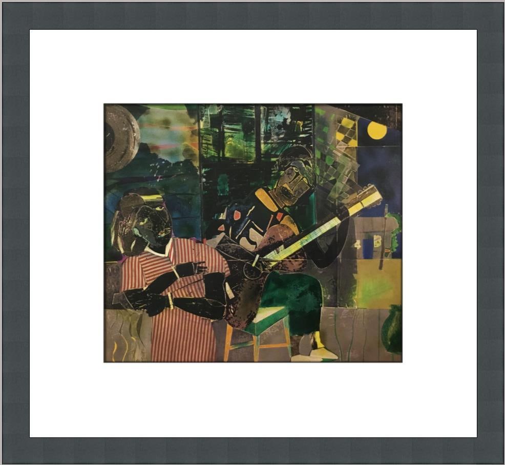 Romare Bearden Blues from the Old Country Custom Framed Cubism Print: Romare Bearden Blues from the Old Country Custom Framed Cubism Print This custom framed print titled "Blues from the Old Country" by artist Romare Bearden showcases a vibrant cubist style. Produced be
