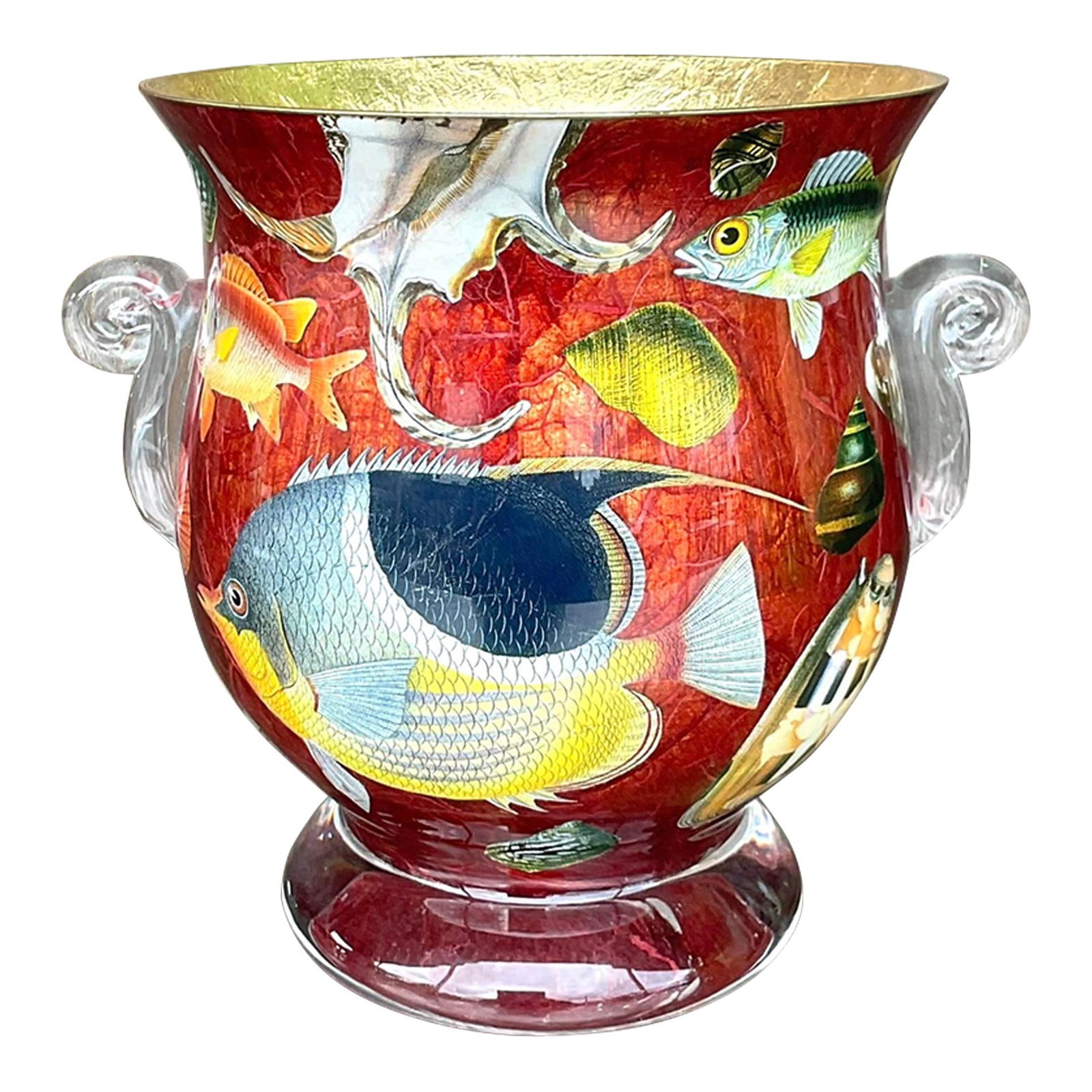 Vintage Coastal Eglomise Under Sea Glass Urn Red 10 x 8.25 x 9: Vintage Coastal Eglomise Under Sea Glass Urn Red 10 x 8.25 x 9 Transform your space with this Vintage Coastal Eglomise Under Sea Glass Urn. This exquisite piece showcases a unique American style with