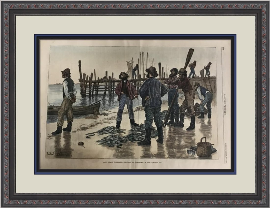1884 Harper's Weekly Newspaper Long Island Fishermen Hand Colored Custom Framed: 1884 Harper's Weekly Newspaper Long Island Fishermen Hand Colored Custom Framed This original 1884 edition of Harper's Weekly features an exquisite hand-colored engraving depicting Long Island fisherm