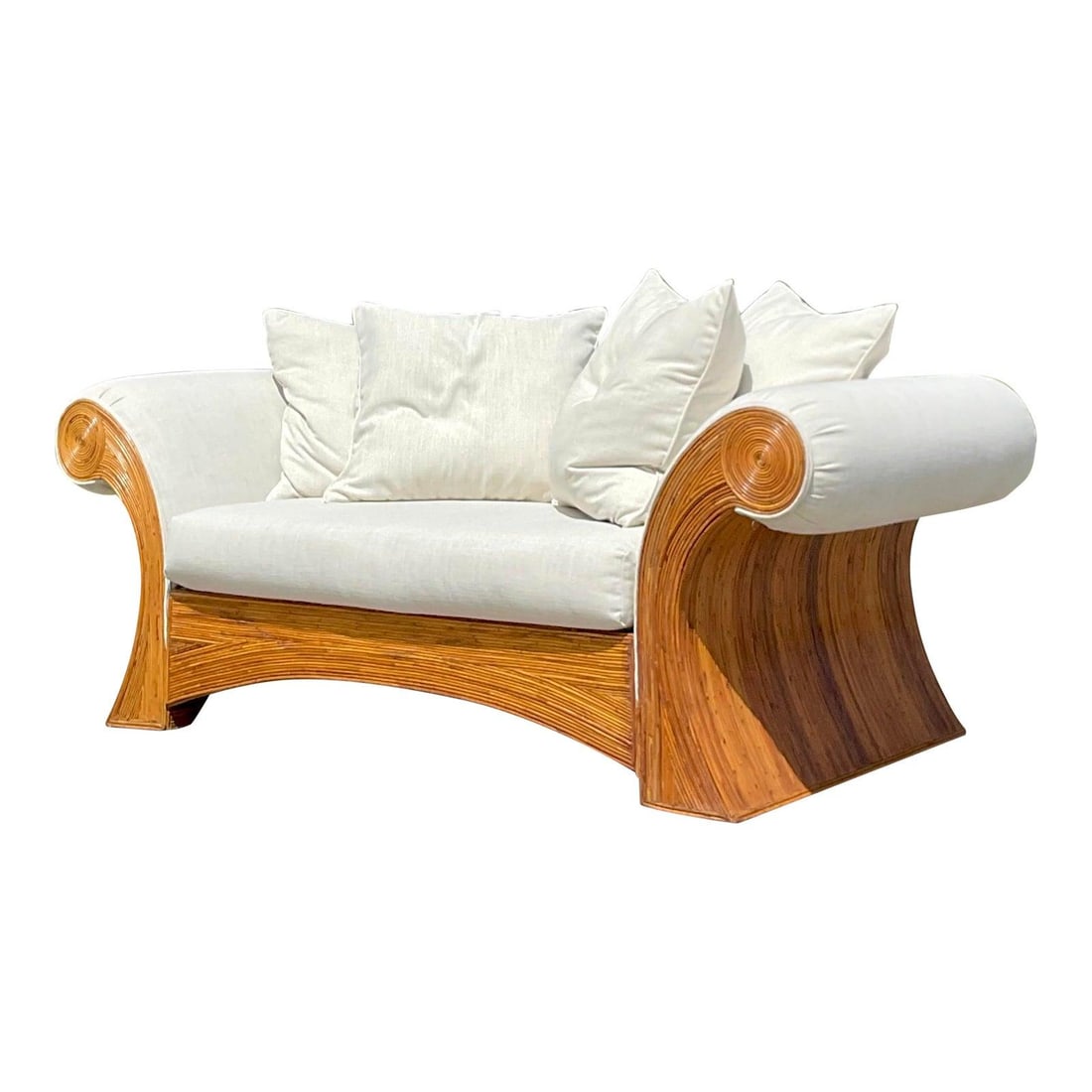 Vintage Coastal Pencil Reed Roll Arm Sofa in Chocolate Oatmeal Linen: Vintage Coastal Pencil Reed Roll Arm Sofa in Chocolate Oatmeal Linen Discover this fabulous vintage Coastal Pencil Reed Roll Arm Sofa, featuring a chic pencil reed frame and a stylish roll arm design.