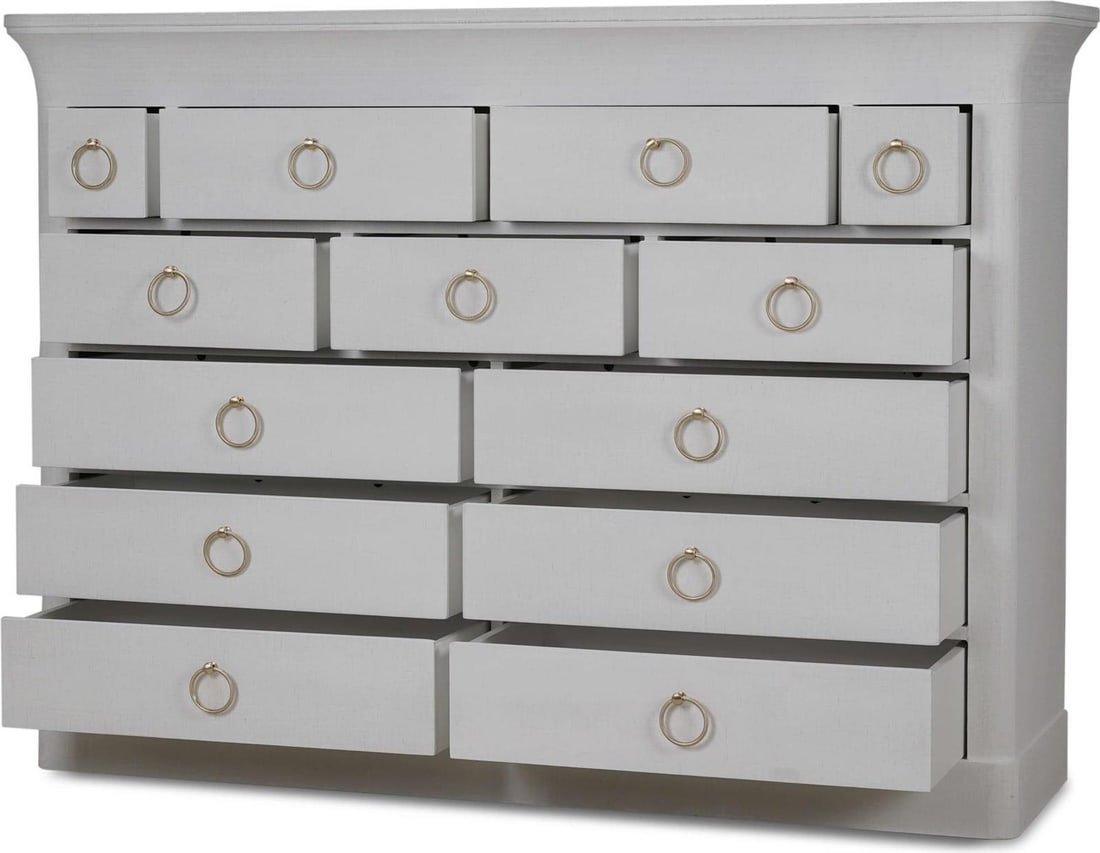 Bramble Claremont Linen Wrapped Dresser by Steven Shell 51H 71W 20D: Bramble Claremont Linen Wrapped Dresser by Steven Shell 51H 71W 20D Introducing the Stylish Linen Dresser, a sophisticated piece from the Claremont Collection, designed by Steven Shell. This large dre
