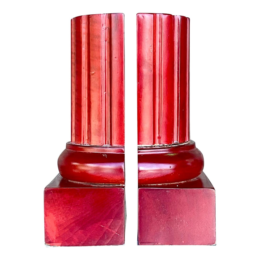 Vintage Ruby Red Carved Wooden Column Bookends Pair: Vintage Ruby Red Carved Wooden Column Bookends Pair Enhance your home decor with this stunning pair of vintage contemporary bookends. Featuring a chic and simple design, these bookends are crafted fro