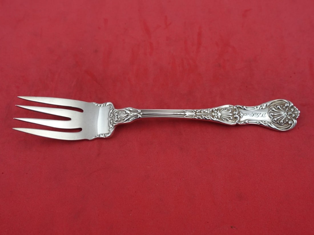 Gorham King George Sterling Silver Fork 6 3/4" Monogrammed Fancy Shoulders: Gorham King George Sterling Silver Fork 6 3/4" Monogrammed Fancy Shoulders This exquisite King George salad fork or fish fork by Gorham showcases the elegance of the 1850-1899 era. Crafted from high-q