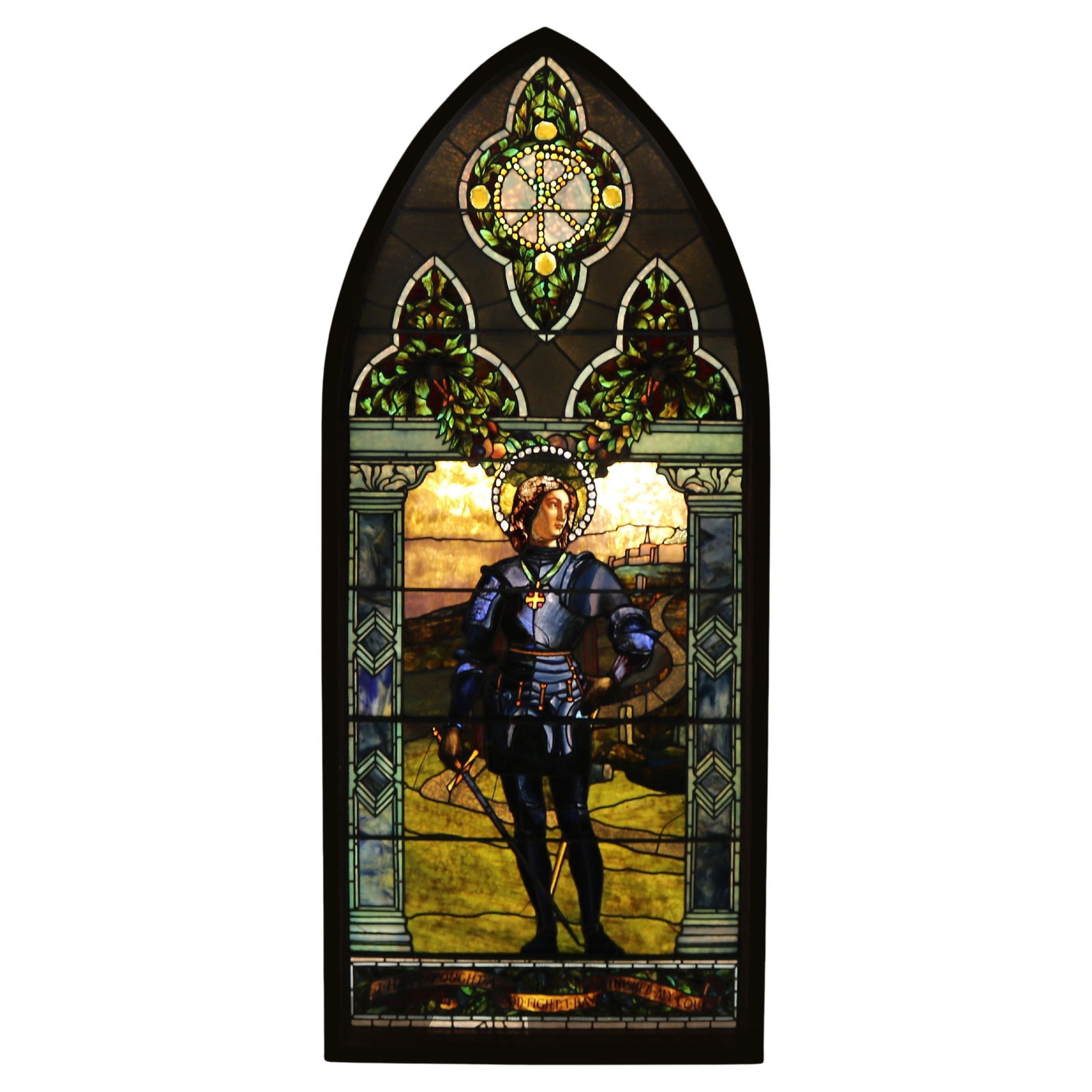Historic Tiffany Crusader Window after Mantegna 104in Stained Glass c1890: Historic Tiffany Crusader Window after Mantegna 104in Stained Glass c1890 This magnificent historic Tiffany Studios framed window titled "Crusader" depicts a Warrior Knight, inspired by the 1460 work