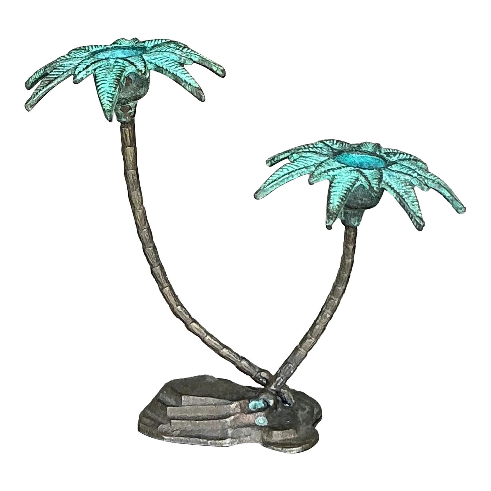 Vintage Patinated Metal Palm Tree Candlesticks Verdigris Pair: Vintage Patinated Metal Palm Tree Candlesticks Verdigris Pair Elevate your home decor with this exquisite pair of vintage patinated metal palm tree candlesticks. Designed with a verdigris finish, thes