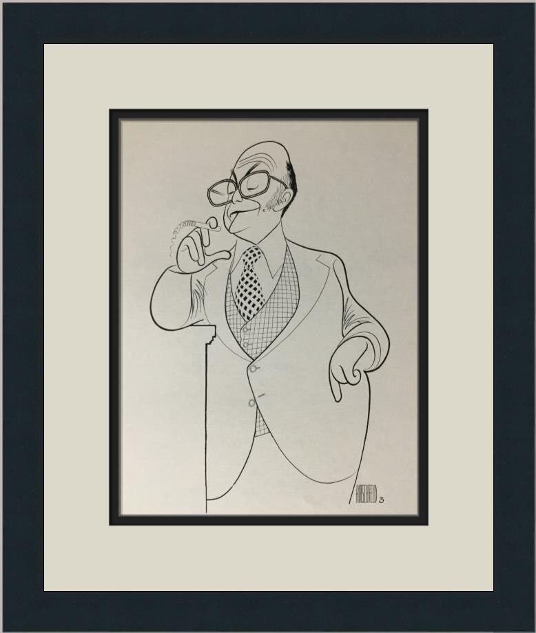 Al Hirschfeld Abe Burrows Custom Framed Lithograph Print: Al Hirschfeld Abe Burrows Custom Framed Lithograph Print This custom framed print by renowned artist Al Hirschfeld features the iconic Abe Burrows. Produced in 1982, this medium-sized print showcases