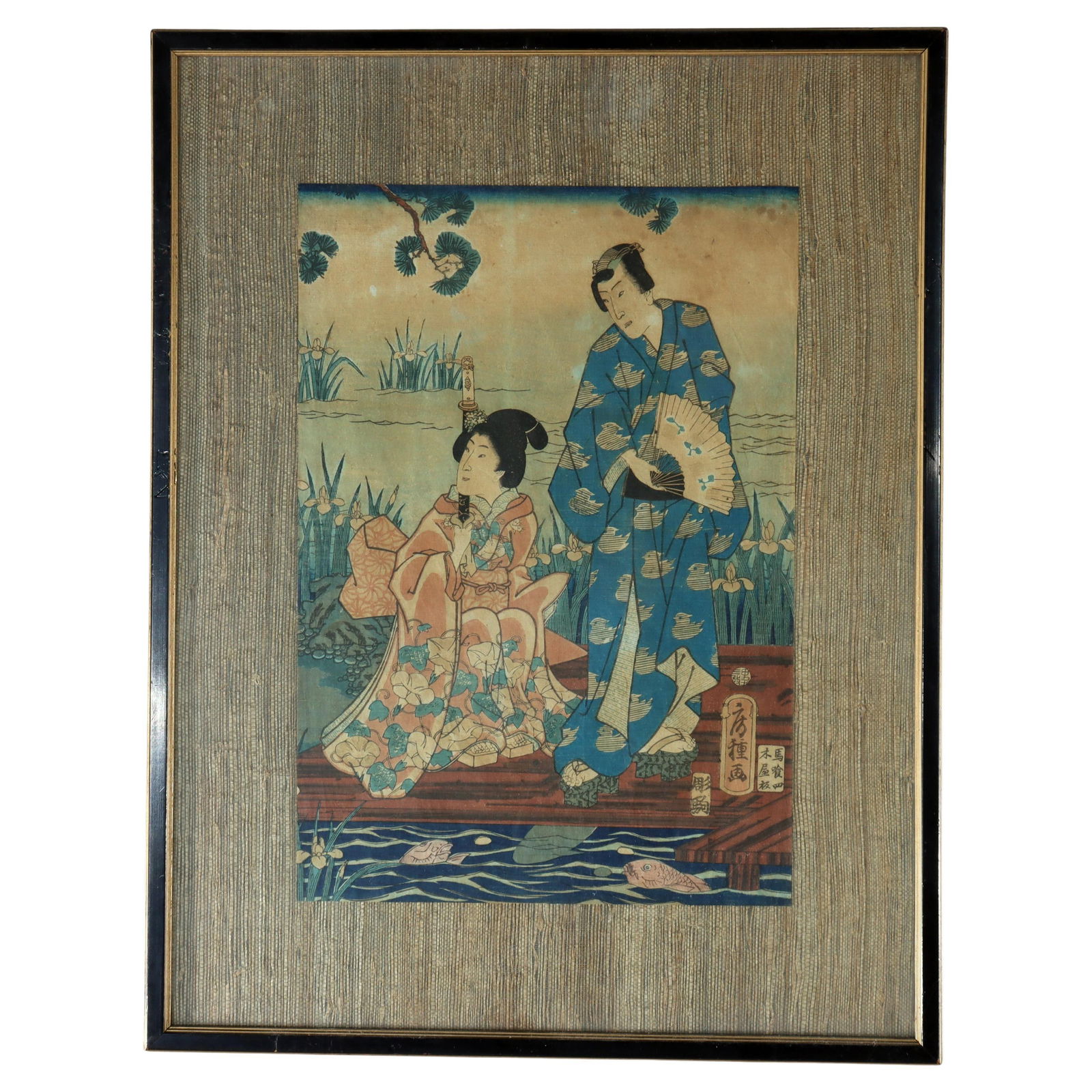 19th Century Japanese Wood Block Print by Utagawa Fusatane: 19th Century Japanese Wood Block Print by Utagawa Fusatane This exquisite antique Japanese wood block print, titled 'The Shining Prince With Companions At The Yatsu Bridge,' is a remarkable piece by t