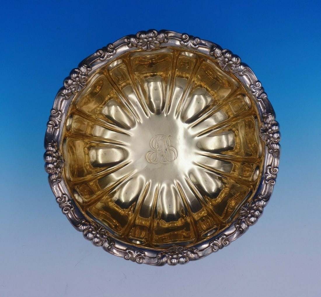 Gorham Buckingham Sterling Silver Fluted Fruit Bowl 10.25" Gold Washed Interior: Gorham Buckingham Sterling Silver Fluted Fruit Bowl 10.25" Gold Washed Interior This exquisite Buckingham by Gorham sterling silver fruit bowl showcases a beautifully fluted design, enhanced by a gold