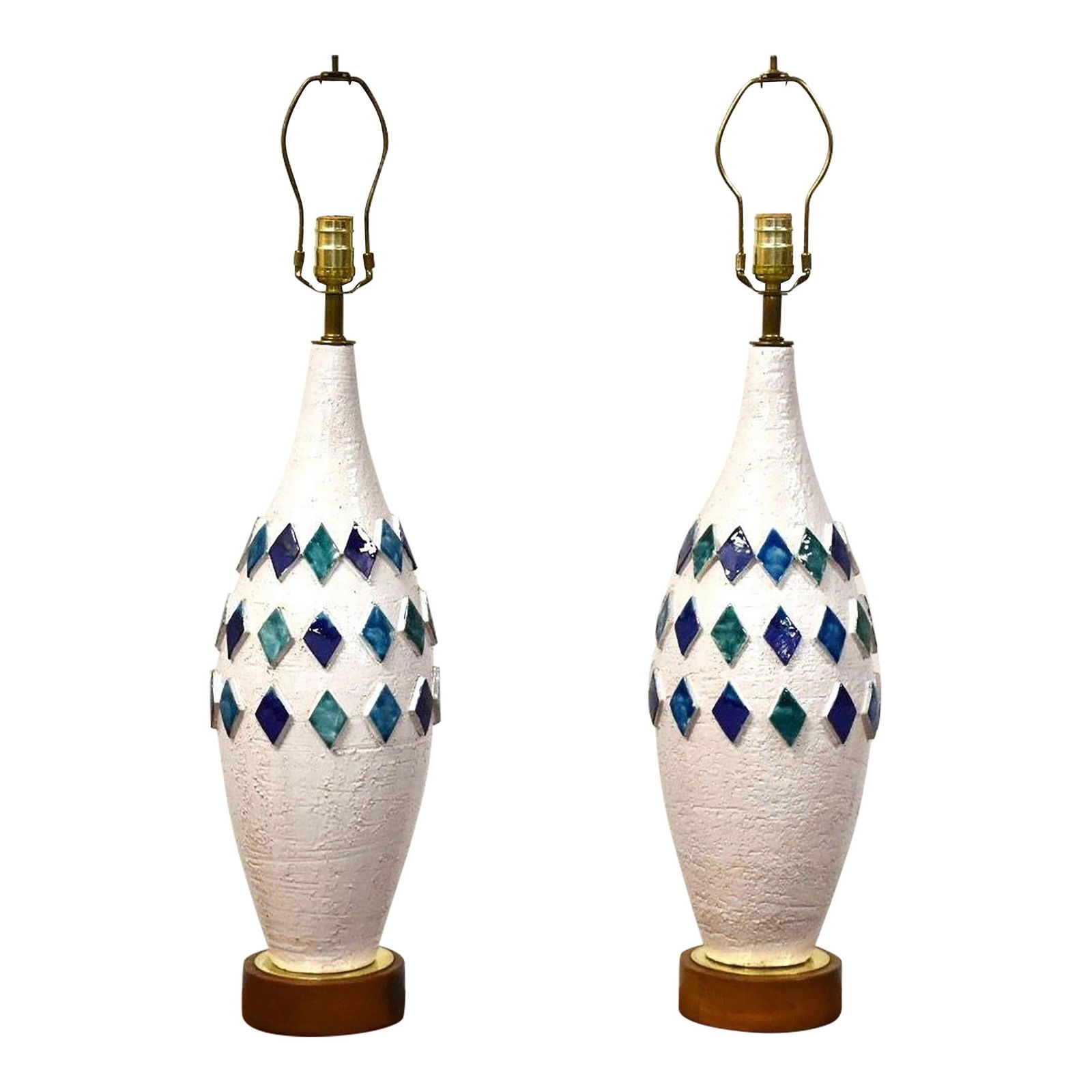 Stylish Pair of Mid-Century White Ceramic Table Lamps with Tile Accents: Stylish Pair of Mid-Century White Ceramic Table Lamps with Tile Accents This elegant pair of mid-century modern white table lamps features charming green and blue tile accents, adding a vibrant touch
