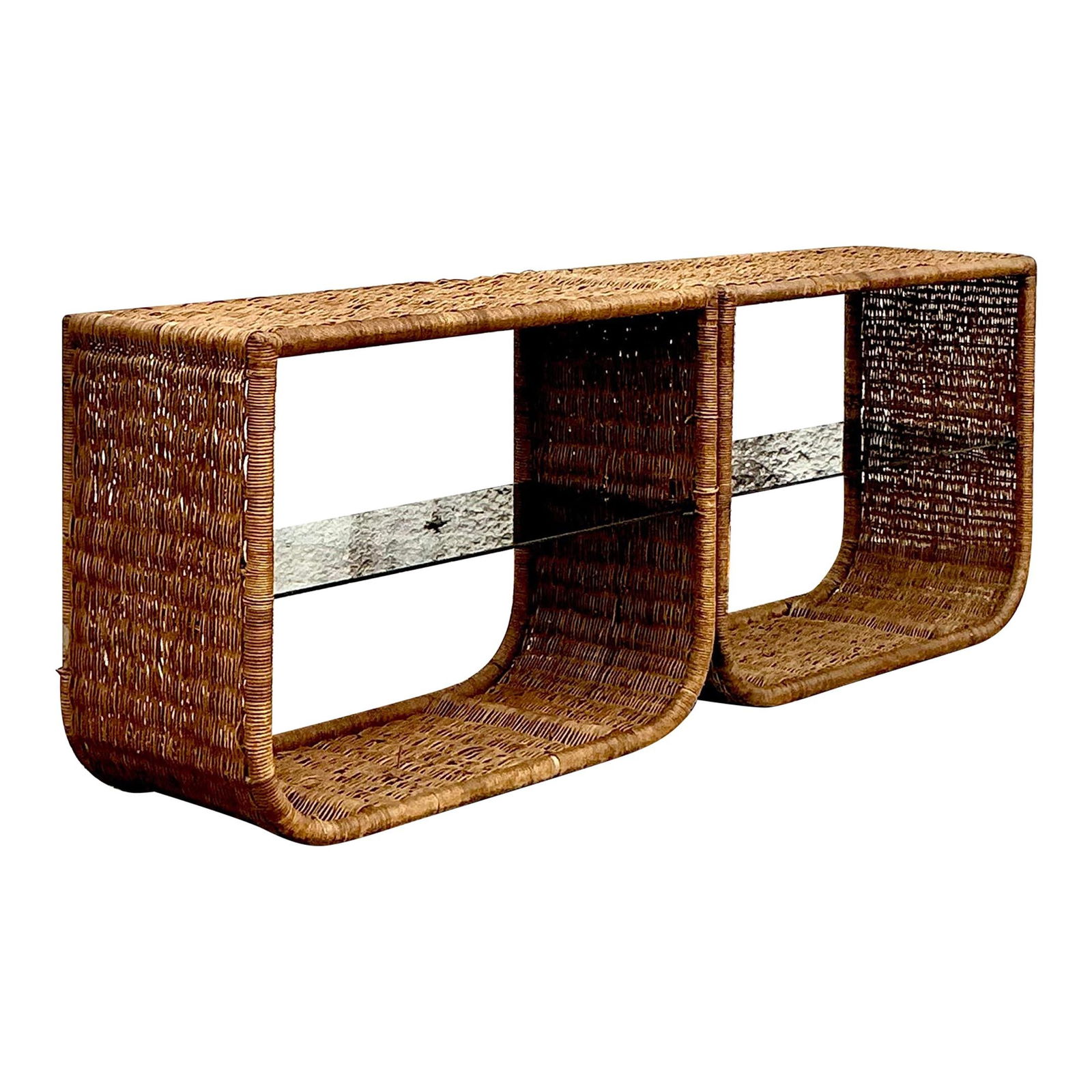 Pair of Vintage Coastal Rattan Console Tables Woven Design: Pair of Vintage Coastal Rattan Console Tables Woven Design Enhance your living space with this pair of Vintage Coastal Woven Rattan Console Tables. Featuring a beautifully woven rattan design, these t