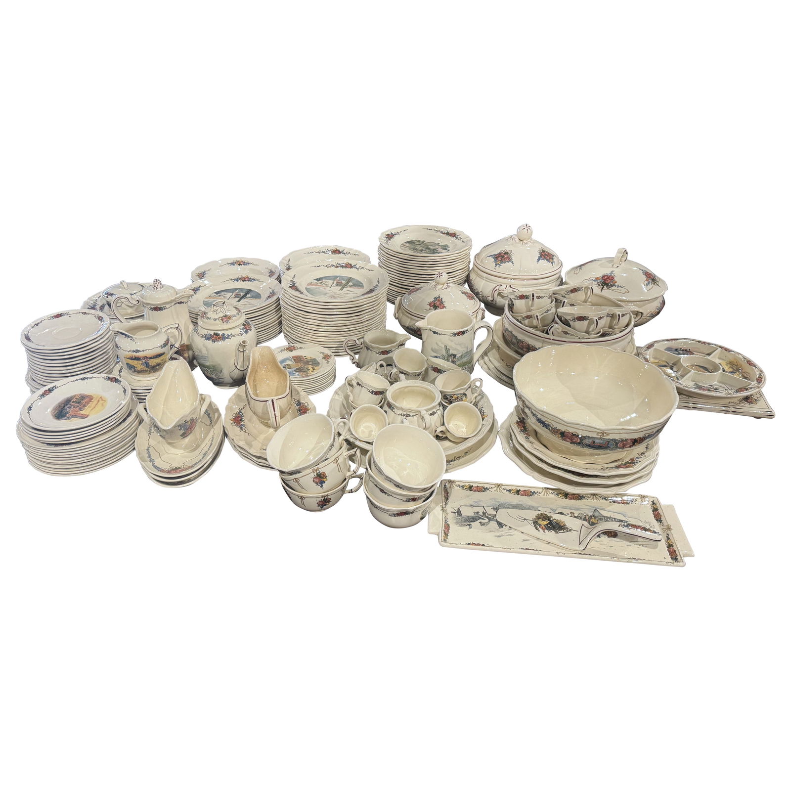 Antique French Porcelain Dinnerware Set 208 Pieces H Loux: Antique French Porcelain Dinnerware Set 208 Pieces H Loux Elevate your dining experience with this exquisite early 20th-century French porcelain dinnerware set, comprising approximately 208 pieces. Cr