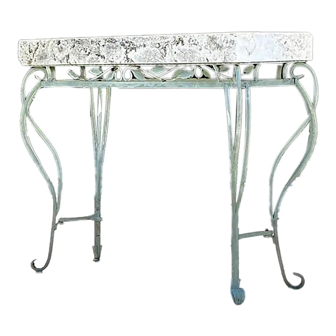 Vintage Wrought Iron Coquina Stone Console Table with Art Nouveau Design: Vintage Wrought Iron Coquina Stone Console Table with Art Nouveau Design Enhance your living space with this Vintage Boho Console Table, a stunning blend of rustic charm and elegant design. Featuring