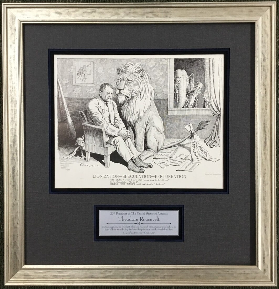 Theodore Roosevelt 1910 Harper's Weekly Cover Custom Framed Art: Theodore Roosevelt 1910 Harper's Weekly Cover Custom Framed Art This original 1910 cover of Harper's Weekly features President Theodore Roosevelt, showcasing a captivating cartoon titled "The Lion" th