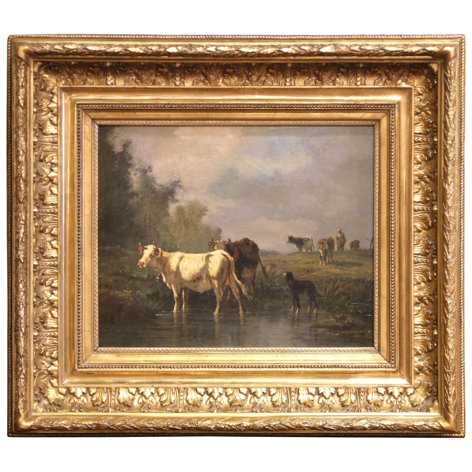 19th Century Spanish Oil Painting by Antonio Cortes in Giltwood Frame: 19th Century Spanish Oil Painting by Antonio Cortes in Giltwood Frame This exquisite 19th-century oil painting captures a serene scene of cattle watering at a shaded stream, accompanied by a sheepdog,