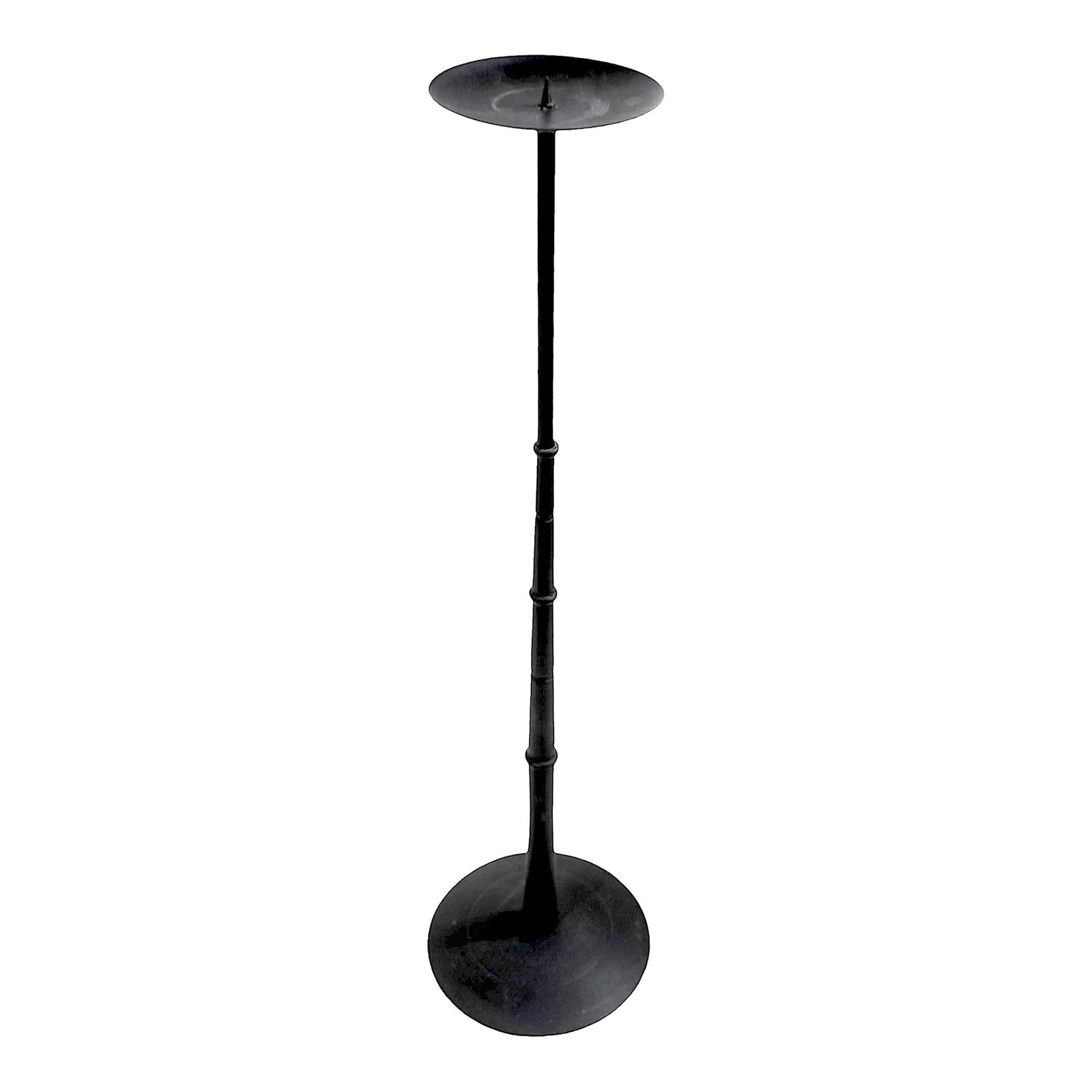 Mid Century Black Iron Pricket Style Candlestick 29.5 Inch: Mid Century Black Iron Pricket Style Candlestick 29.5 Inch This stunning Mid Century tall candlestick features a classic pricket style design crafted from durable cast iron. With its sleek black finis