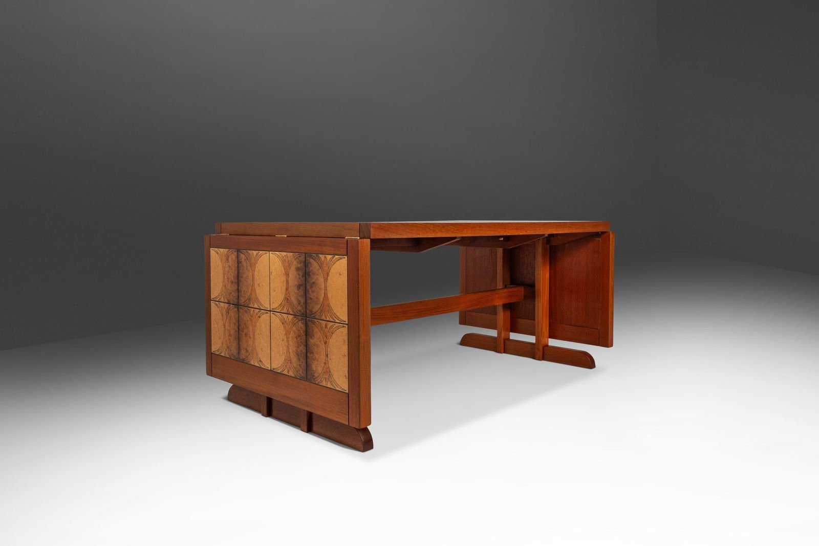 Trion Mid-Century Modern Teak Drop Leaf Table with Original Tiles Denmark 1970s: Trion Mid-Century Modern Teak Drop Leaf Table with Original Tiles Denmark 1970s Introducing a stunning Mid-Century Modern Teak Drop Leaf Table designed by Trion in the 1970s, showcasing the iconic Ox