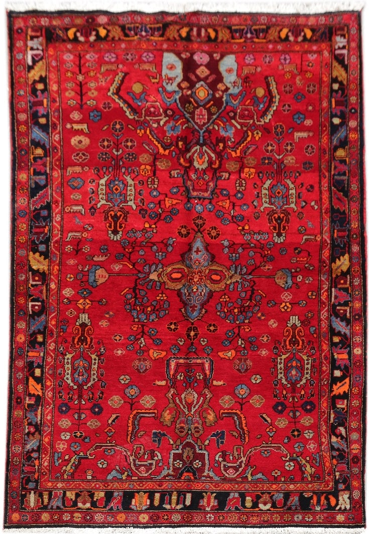 Handcrafted 4.9 x 7.11 Red Persian Hamadan Area Rug from Iran: Handcrafted 4.9 x 7.11 Red Persian Hamadan Area Rug from Iran Transform your space with this exquisite 4.9 x 7.11 Red Persian Hamadan Rug, a stunning representation of traditional Persian craftsmanshi