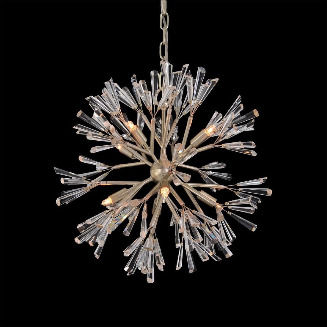 John-Richard Luna Silver Leaf Crystal Pendant Chandelier 8-Light: John-Richard Luna Silver Leaf Crystal Pendant Chandelier 8-Light Illuminate your space with the Luxurious Luna Crystal Wand Pendant Light, designed in an elegant antique style. This stunning branched