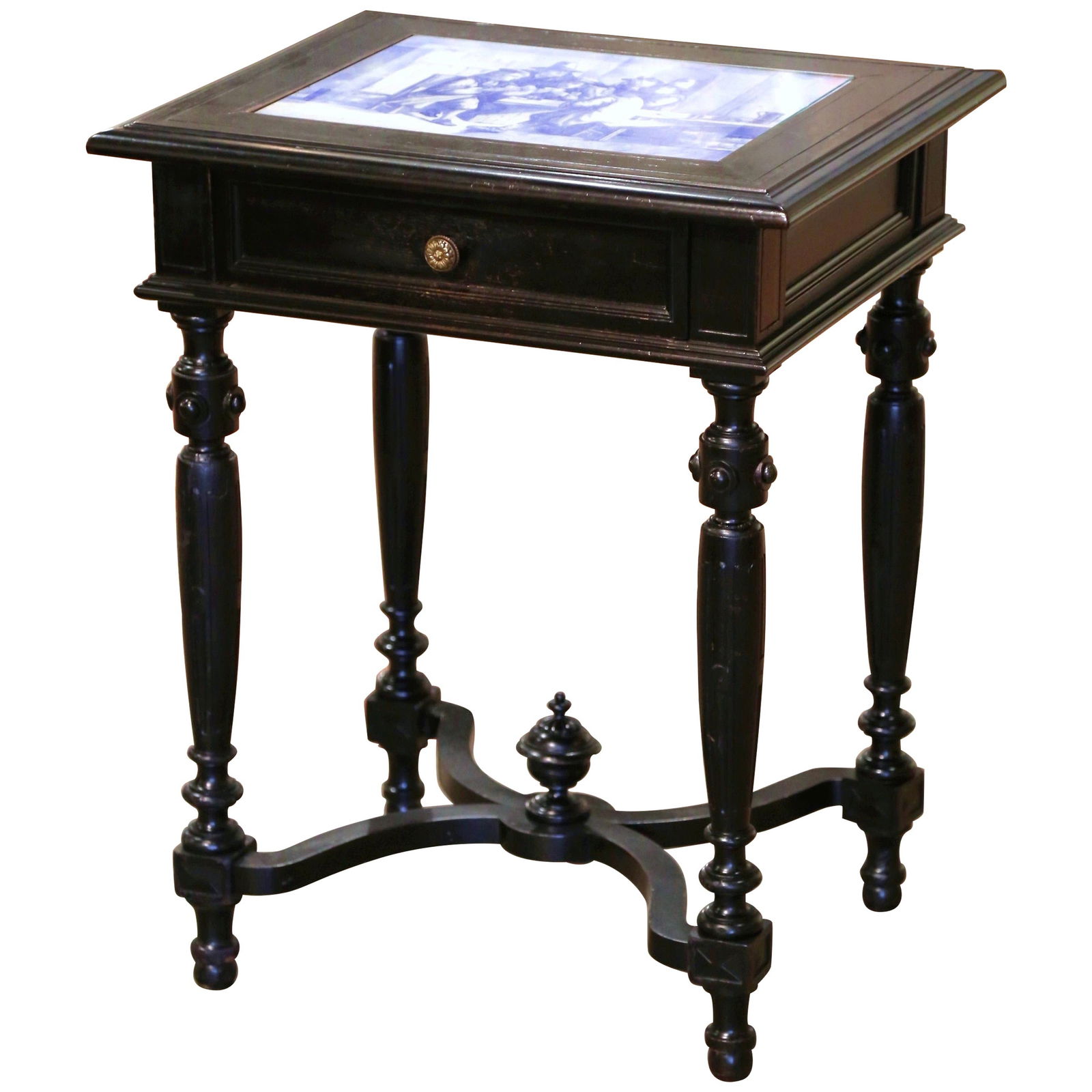 19th Century Napoleon III Ebonized Side Table with Delft Tile Top: 19th Century Napoleon III Ebonized Side Table with Delft Tile Top Elevate your space with this exquisite 19th-century Napoleon III French side table, a perfect addition for a den, library, or wine cel