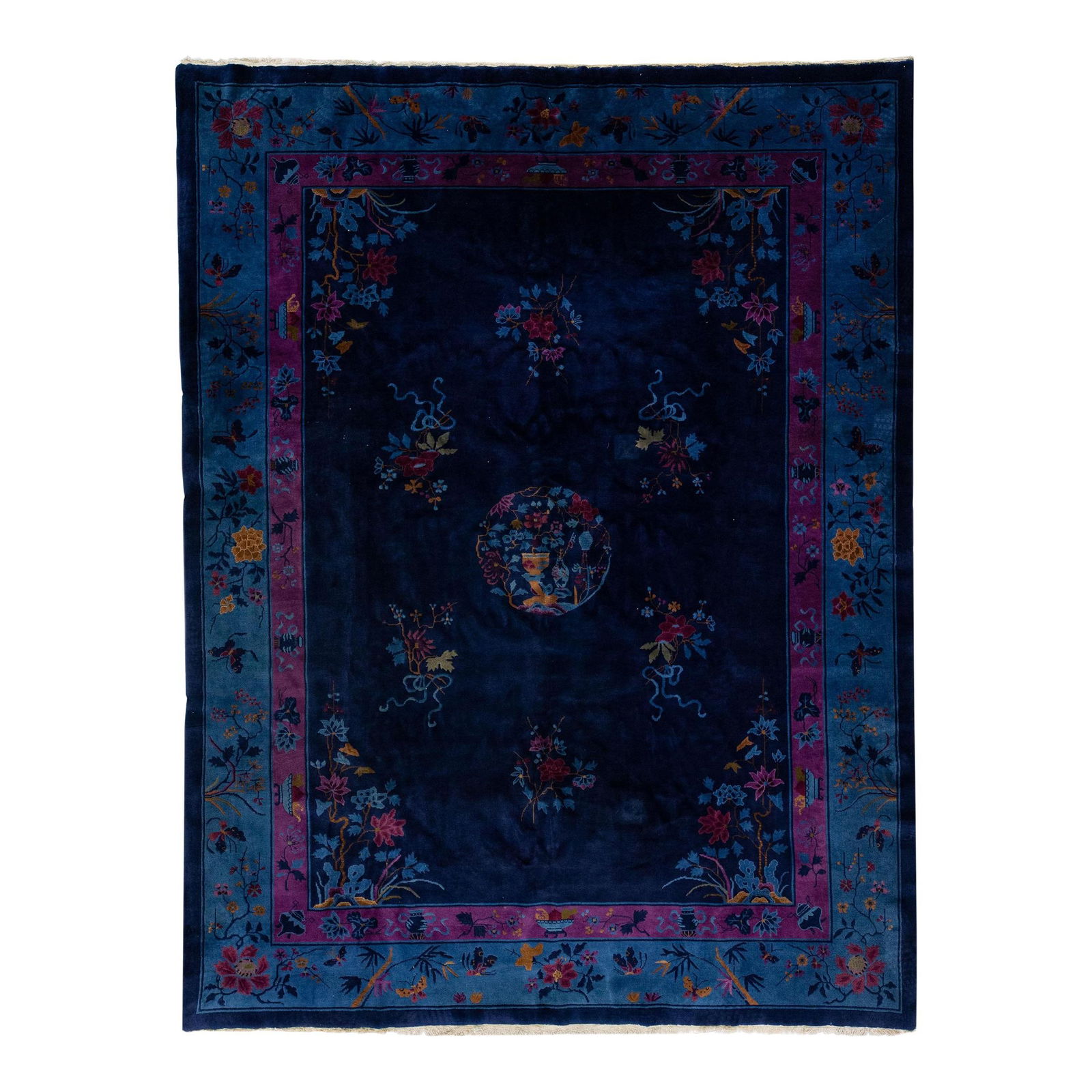 1920s Antique Chinese Art Deco Wool Rug Floral Design Navy Blue: 1920s Antique Chinese Art Deco Wool Rug Floral Design Navy Blue This exquisite antique Art Deco rug showcases a stunning navy blue color field, beautifully hand-knotted from high-quality wool. The pie
