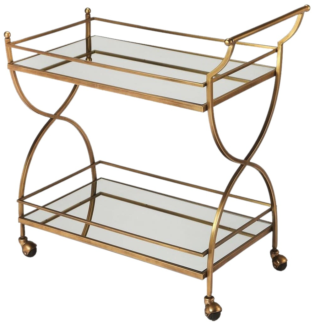 Butler Graci Gold Bar Cart with Mirrored Shelves: Butler Graci Gold Bar Cart with Mirrored Shelves Introducing an Elegant Gold Bar Cart, designed in a modern glam style with a vintage touch. This stunning piece features mirrored shelves that add soph