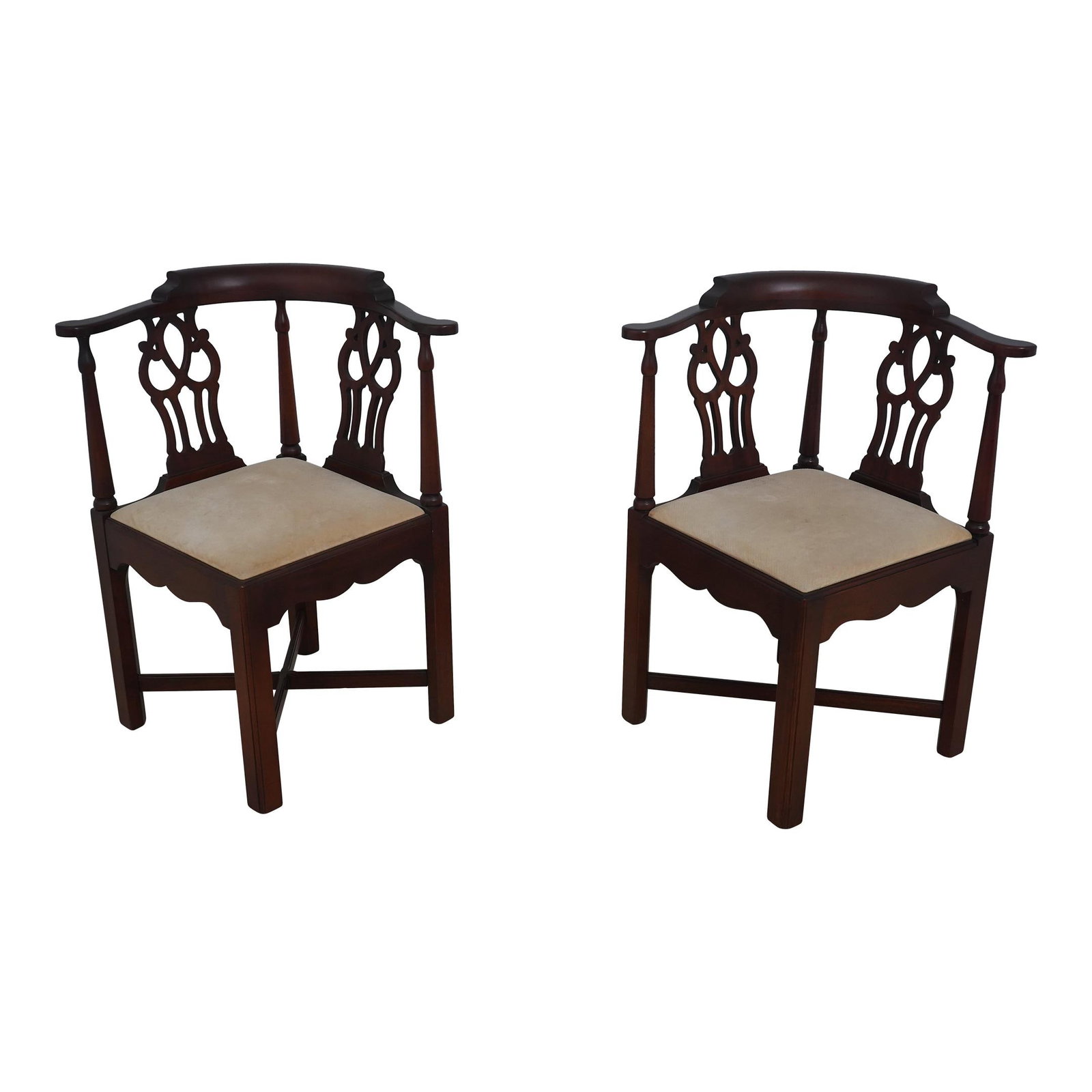 Elegant Matched Pair of Hickory Chair Chippendale Mahogany Corner Chairs: Elegant Matched Pair of Hickory Chair Chippendale Mahogany Corner Chairs This exquisite pair of Chippendale mahogany corner chairs showcases a classic 18th-century design, expertly crafted with qualit