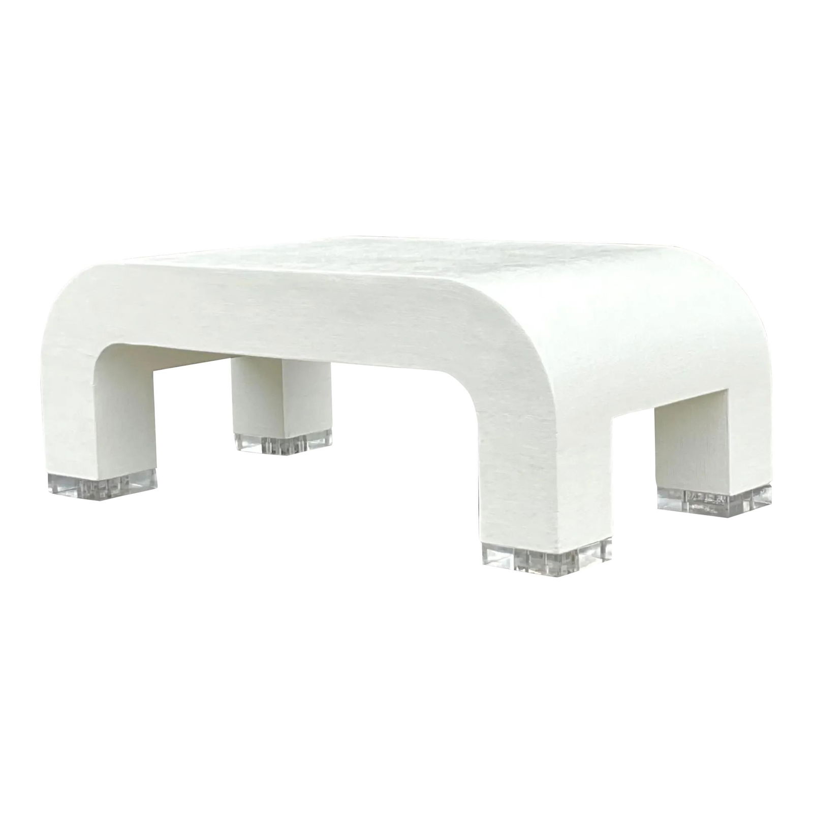 Vintage Coastal Grasscloth Lucite Waterfall Coffee Table White: Vintage Coastal Grasscloth Lucite Waterfall Coffee Table White Enhance your living area with this Vintage Coastal Grasscloth and Lucite Waterfall Coffee Table, an exquisite combination of coastal char