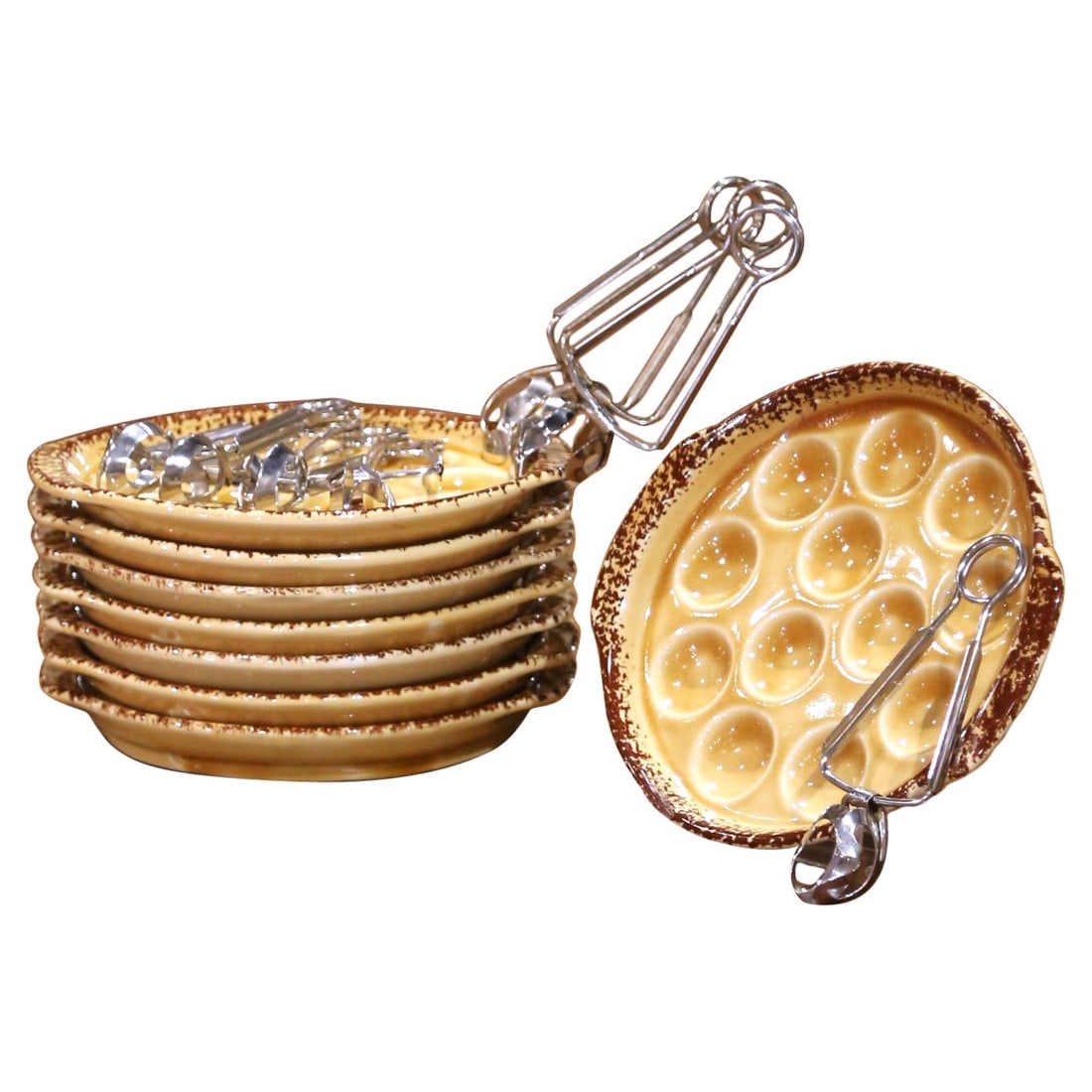 Gien French Escargot Set of 8 Plates with Spoons circa 1920: Gien French Escargot Set of 8 Plates with Spoons circa 1920 This exquisite set of eight French escargot plates and matching silver-plated spoons, crafted by Gien around 1920, embodies the elegance of