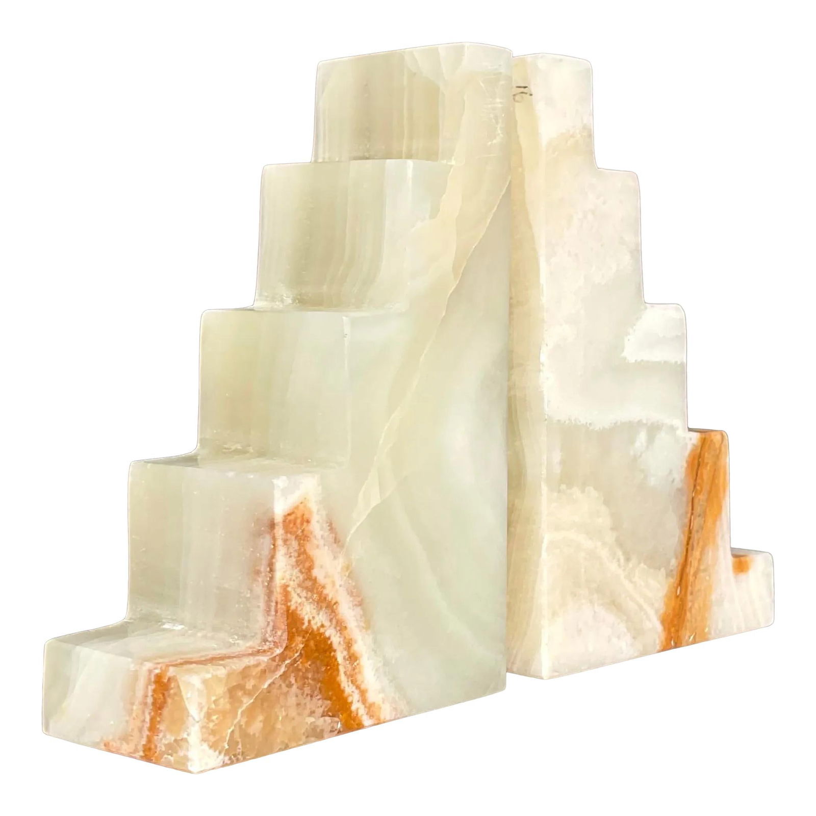 Vintage Boho Celadon Onyx Bookends Set of 2: Vintage Boho Celadon Onyx Bookends Set of 2 Enhance your space with this fabulous pair of vintage Boho bookends, crafted from solid onyx stone featuring a chic stepped design. These elegant bookends w