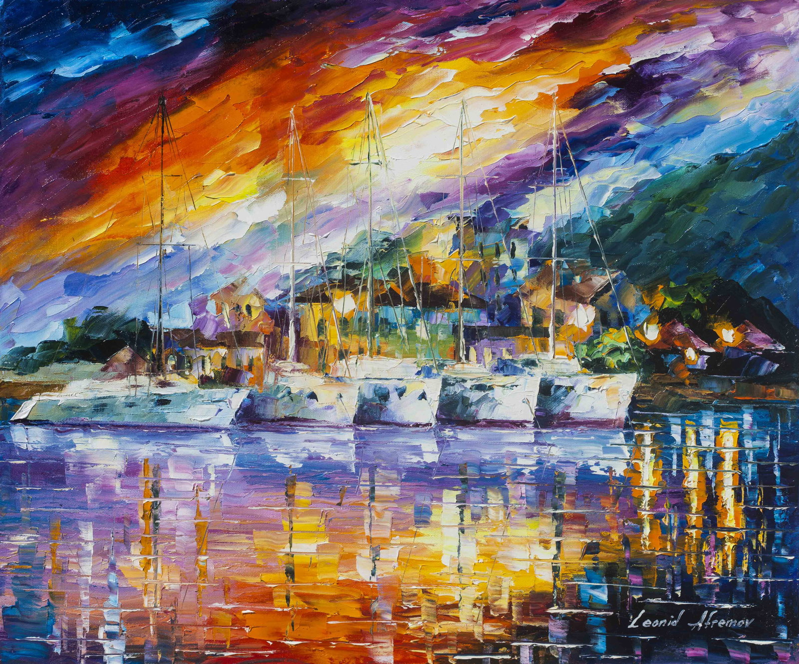 Boats by the Island Original Oil Painting by Leonid Afremov: Boats by the Island Original Oil Painting by Leonid Afremov Discover the beauty of 'Boats by the Island', an original oil painting by renowned artist Leonid Afremov. This one-of-a-kind artwork is craf